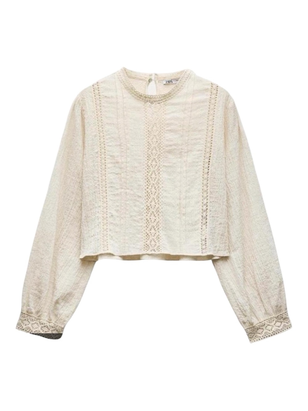 Zara cream crochet lace cropped long sleeve top women’s medium - Picture 2 of 10